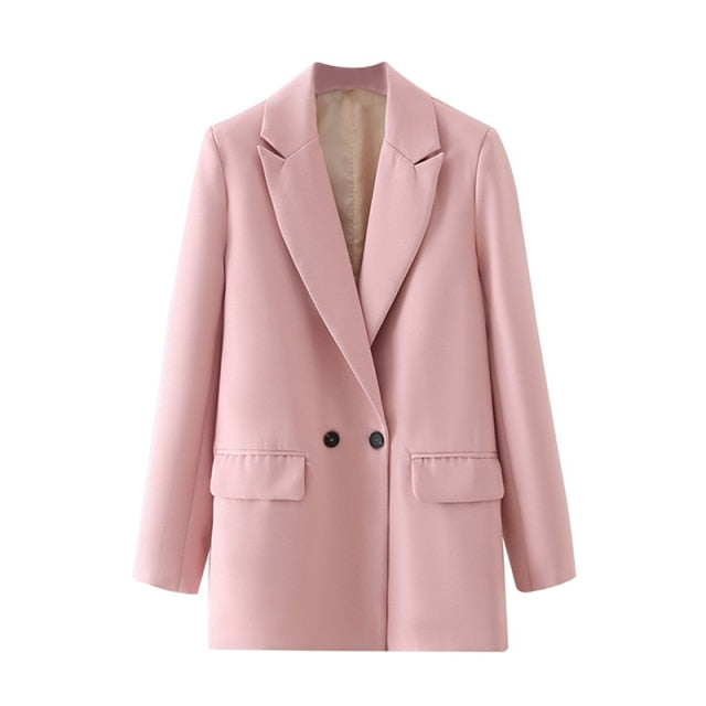 Women Chic Office Lady Double Breasted Blazer Vintage Coat Fashion Notched Collar Long Sleeve Ladies Outerwear Stylish Tops