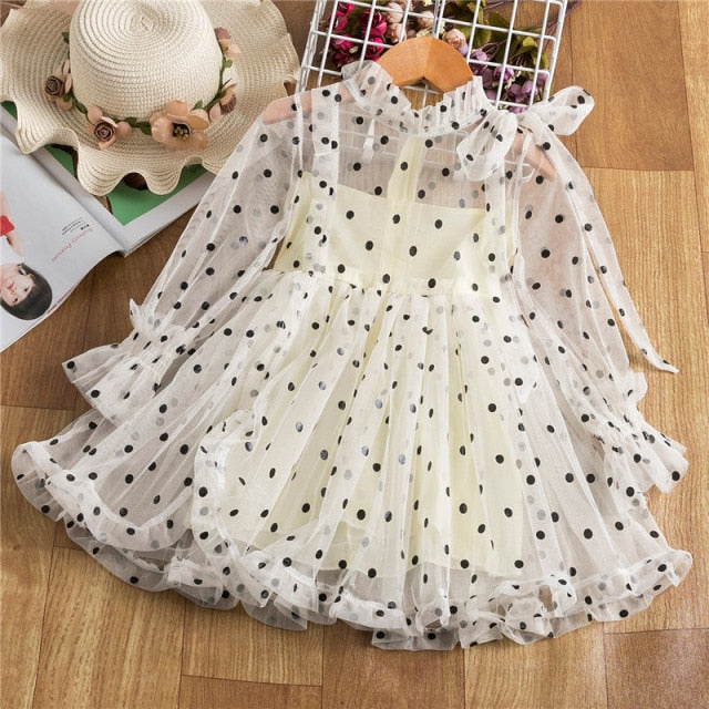 Kids Dress For Girls Spring Puff Long Sleeve Fairy Dresses Mesh Chiffon Polka Dots Summer