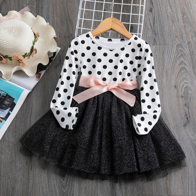 Kids Dress For Girls Spring Puff Long Sleeve Fairy Dresses Mesh Chiffon Polka Dots Summer