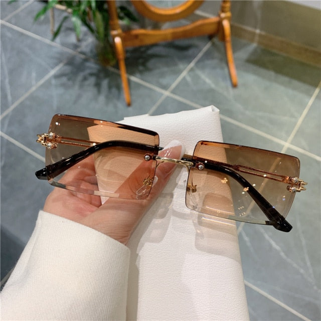 Square Frameless Clip Shades For Women Wholesale Retro Vintage Designer Fashion Sunglasses For Women And Man Alloy Golden Car