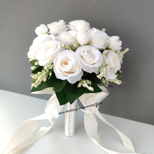 Bridal Bridesmaid Wedding Bouquet White Silk Flowers Roses Artificial Bride Boutonniere Pins Mariage Bouquet Wedding Accessories-Dollar Bargains Online Shopping Australia