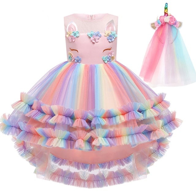 Unicorn rainbow wedding party dress girl birthday party Unicorn role dance performance dress