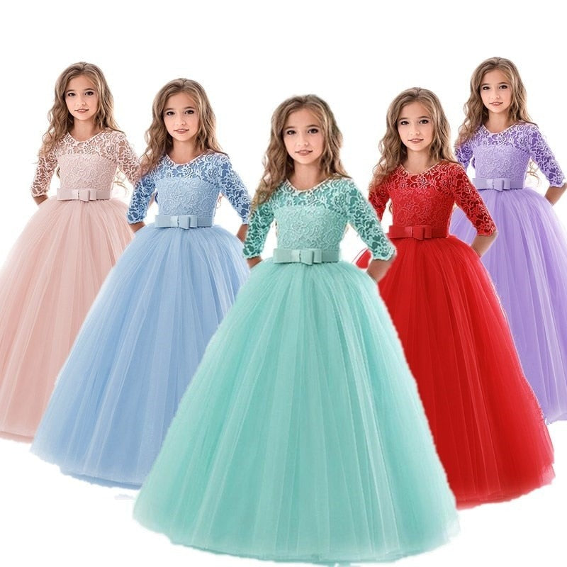 Princess Lace Dress Kids Flower Embroidery Dress For Girls Vintage Children Dresses For Wedding Party Formal Ball Gown 14T