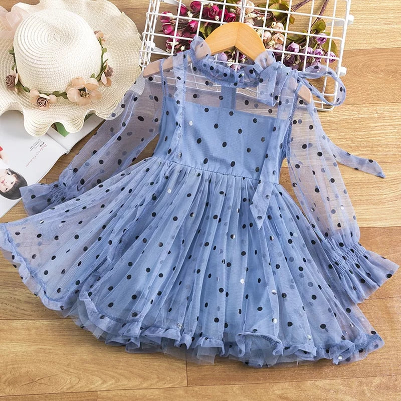 Kids Dress For Girls Spring Puff Long Sleeve Fairy Dresses Mesh Chiffon Polka Dots Summer