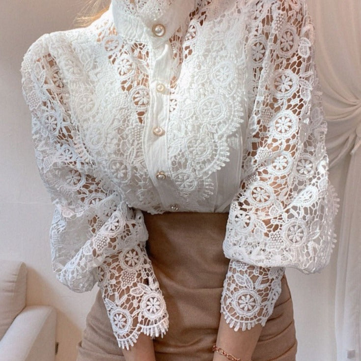 Petal Sleeve Stand Collar Hollow Out Flower Lace Patchwork Shirt All-match Women Lace Blouse Button White Top