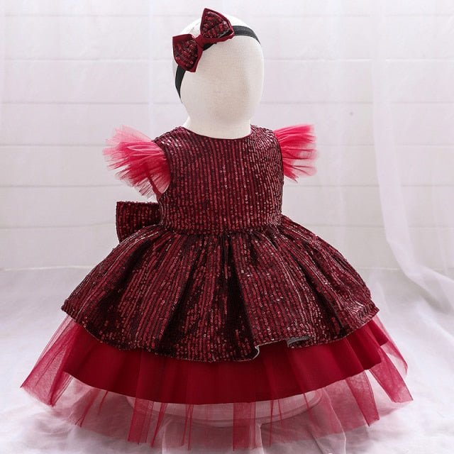 Christmas Sequin Cake Double Baby Girl Dress 1 Year Birthday Dress Newborn Party Wedding Vestidos Baby Girl Christening Clothes
