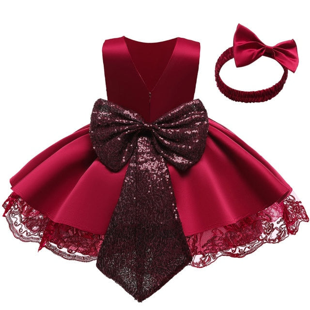 Newborn Dresses For Kids Christmas Birthday Evening Party Girls Kids Clothing Dress+Headband 2pcs Carnival Bow