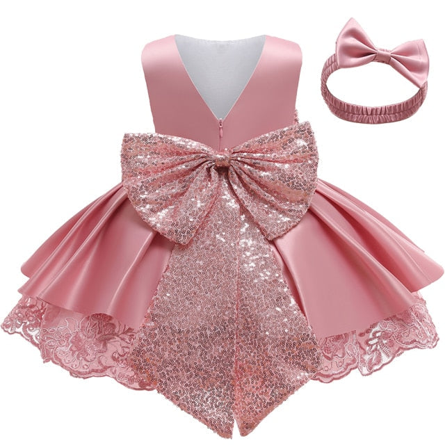 Newborn Dresses For Kids Christmas Birthday Evening Party Girls Kids Clothing Dress+Headband 2pcs Carnival Bow