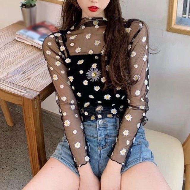 Women Long Sleeve See Through Mesh Fishnet Casual Top Tee Shirt Sheer Black Lace Star Dots