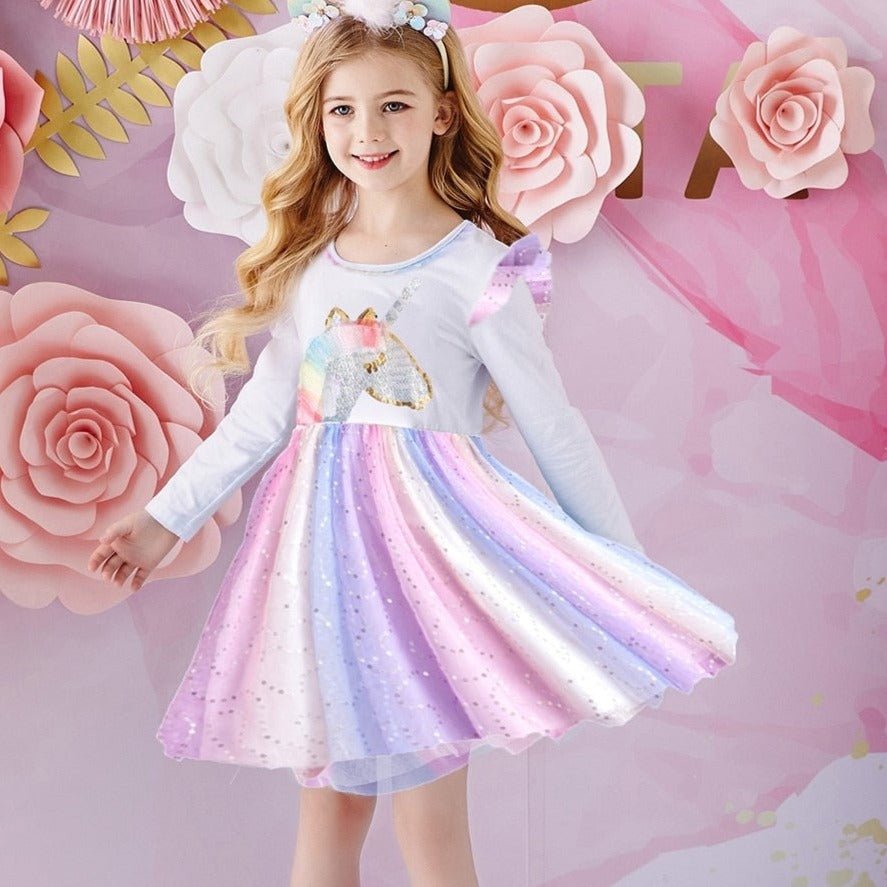 Girls Dress Autumn Winter Kids Casual Long Sleeve Dress for Girl Unicorn Party Princess Dress Children Clothing 3-8 Years