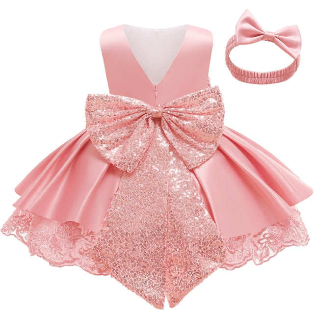 Newborn Dresses For Kids Christmas Birthday Evening Party Girls Kids Clothing Dress+Headband 2pcs Carnival Bow