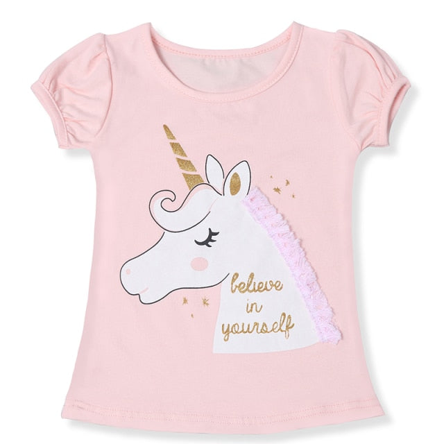 Unisex Unicorn T-shirt Children Boys Short Sleeves White Tees Baby Kids Cotton Tops For Girls Clothes 3 8Y