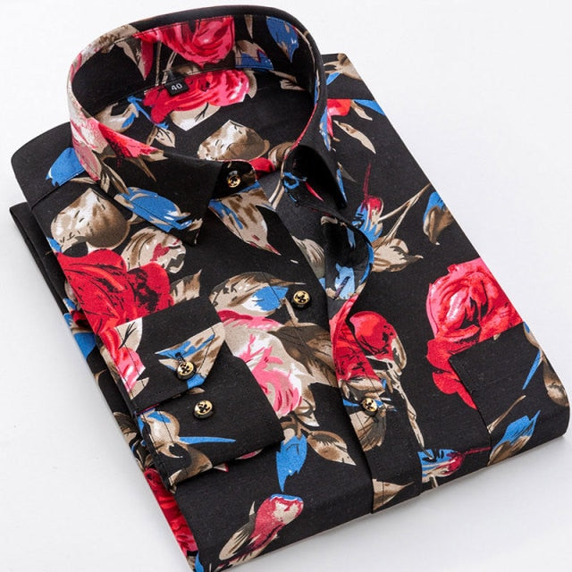 Mens Printed Floral Long Sleeve Casual Shirt Soft Thin Spring Summer Standard Fit Social Business Dress Shirt