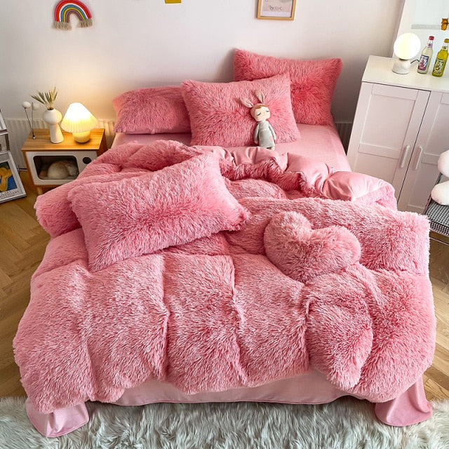 Super Shaggy Coral Fleece Warm Cozy Princess Bedding Set Mink Velvet Quilt/Duvet Cover Set Bed Comforter Blanket Pillowcases