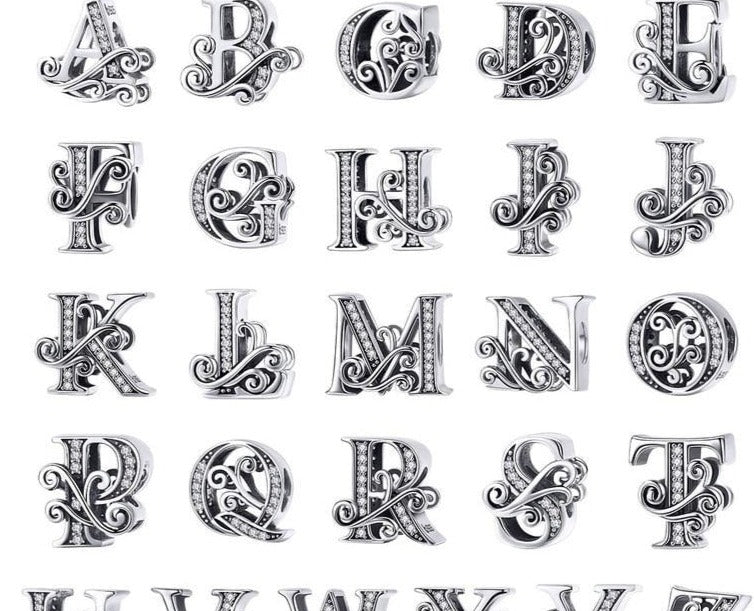 Silver Letter Vintage A to Z 26 Letter Charms Openwork CZ Alphabet Beads Fit Charm Bracelet BSC030