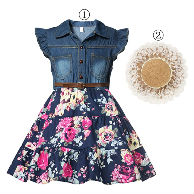 Girls Denim Floral Dress Summer Party Dress with Belt Children Flying Short Sleeve Casual Clothing Baby Girl Kids Fashion Outfit