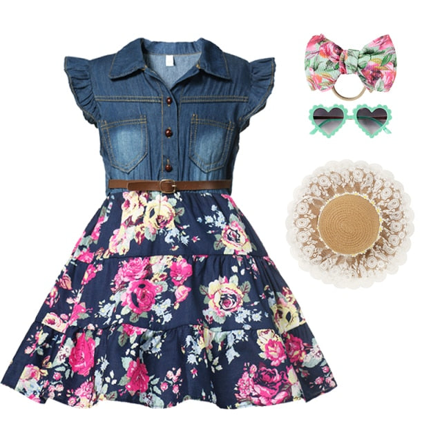 Girls Denim Floral Dress Summer Party Dress with Belt Children Flying Short Sleeve Casual Clothing Baby Girl Kids Fashion Outfit