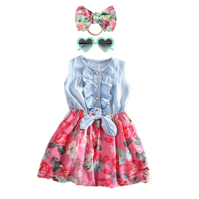 Girls Denim Floral Dress Summer Party Dress with Belt Children Flying Short Sleeve Casual Clothing Baby Girl Kids Fashion Outfit