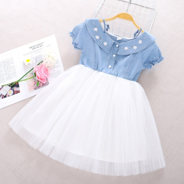 Girls Denim Floral Dress Summer Party Dress with Belt Children Flying Short Sleeve Casual Clothing Baby Girl Kids Fashion Outfit