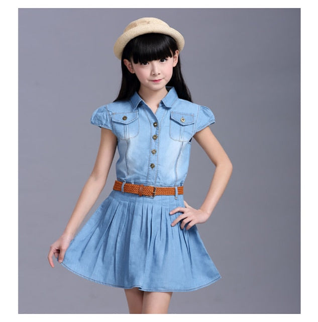Girls Denim Floral Dress Summer Party Dress with Belt Children Flying Short Sleeve Casual Clothing Baby Girl Kids Fashion Outfit