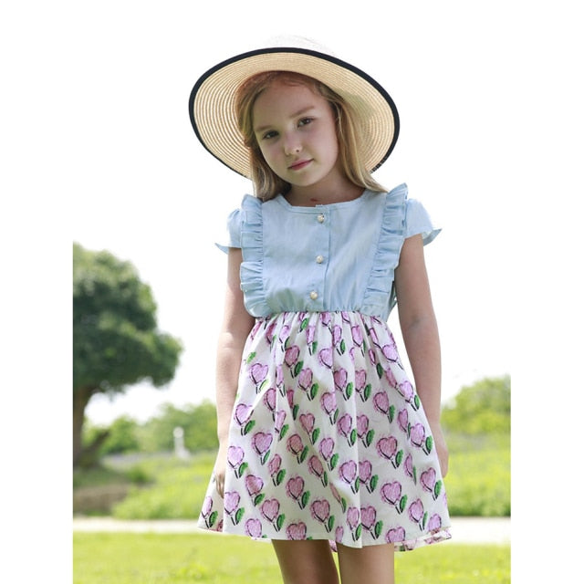 Girls Denim Floral Dress Summer Party Dress with Belt Children Flying Short Sleeve Casual Clothing Baby Girl Kids Fashion Outfit