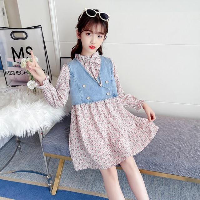 Girls Denim Floral Dress Summer Party Dress with Belt Children Flying Short Sleeve Casual Clothing Baby Girl Kids Fashion Outfit