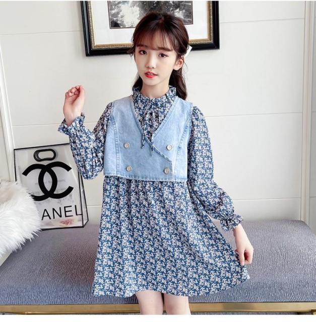 Girls Denim Floral Dress Summer Party Dress with Belt Children Flying Short Sleeve Casual Clothing Baby Girl Kids Fashion Outfit