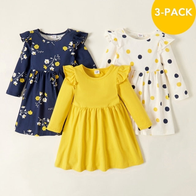 PatPat New Arrival Autumn and Spring 3-pack Toddler Girl Floral and Polka Dots Long-sleeve Dress Set Children&#39;s  Clothing