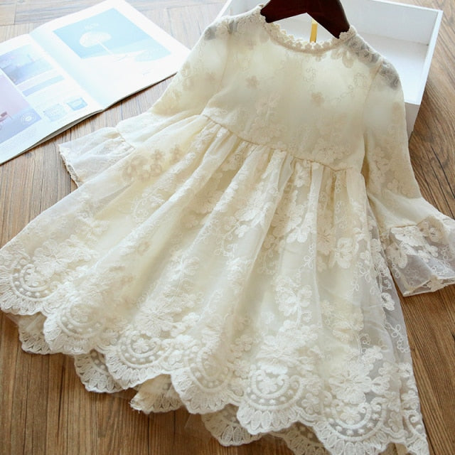Elegant Flower Girls Dress Wedding Party Princess Dress Casual Kids Clothes Lace Long Sleeves Dress