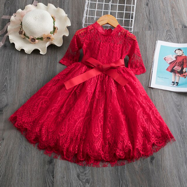 Elegant Flower Girls Dress Wedding Party Princess Dress Casual Kids Clothes Lace Long Sleeves Dress