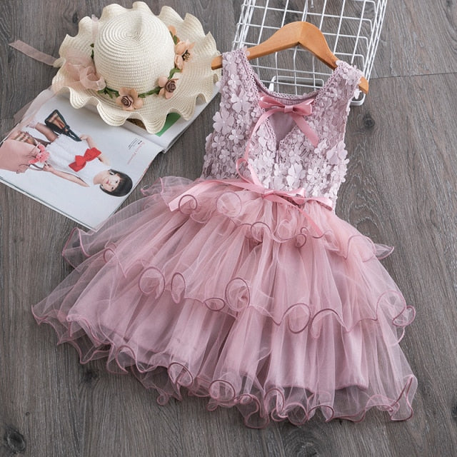 Elegant Flower Girls Dress Wedding Party Princess Dress Casual Kids Clothes Lace Long Sleeves Dress