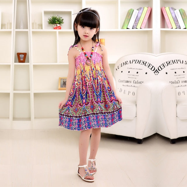 Girls Floral Dress Sling Ruffles Bohemian Beach Princess Dresses for Girl Clothing