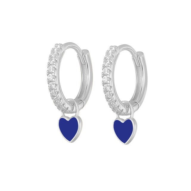 Silver Color Blue Crystal Series Hoop Earrings For Women Fashion Enamel Dripping Oil Heart Charm Piercing Party Earrings-Dollar Bargains Online Shopping Australia