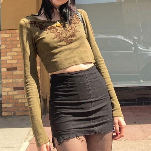 E-girl Graphic Print T-shirt 2000s Retro Y2K Fairy Grunge Autumn Spring Crop Top Women Tee Shirt Female Harajuku Streetwear