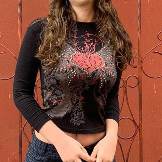 E-girl Graphic Print T-shirt 2000s Retro Y2K Fairy Grunge Autumn Spring Crop Top Women Tee Shirt Female Harajuku Streetwear