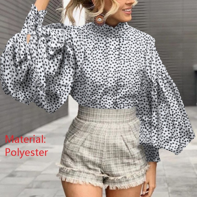 Women Big Lantern Sleeve Blouse Elegant Party Shirts Stand Collar Casual Solid Retro Top Tunic Blusas