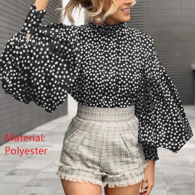 Women Big Lantern Sleeve Blouse Elegant Party Shirts Stand Collar Casual Solid Retro Top Tunic Blusas