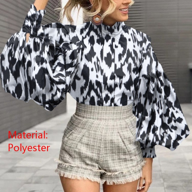 Women Big Lantern Sleeve Blouse Elegant Party Shirts Stand Collar Casual Solid Retro Top Tunic Blusas