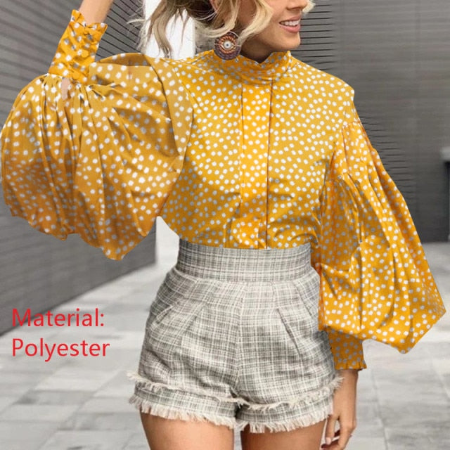 Women Big Lantern Sleeve Blouse Elegant Party Shirts Stand Collar Casual Solid Retro Top Tunic Blusas