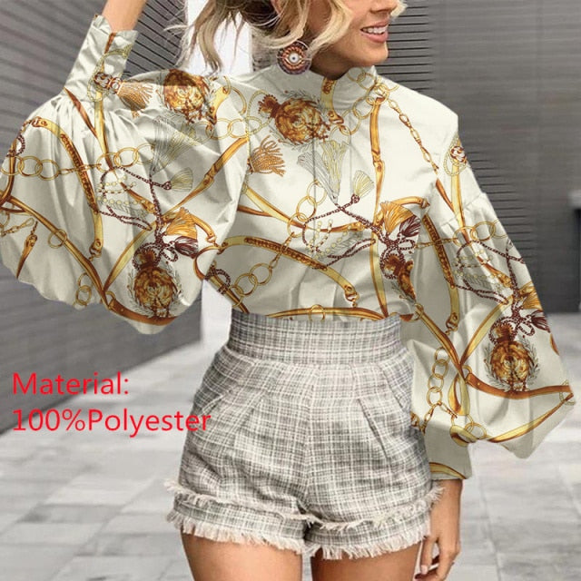 Women Big Lantern Sleeve Blouse Elegant Party Shirts Stand Collar Casual Solid Retro Top Tunic Blusas