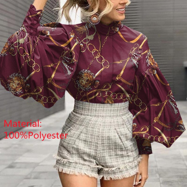 Women Big Lantern Sleeve Blouse Elegant Party Shirts Stand Collar Casual Solid Retro Top Tunic Blusas