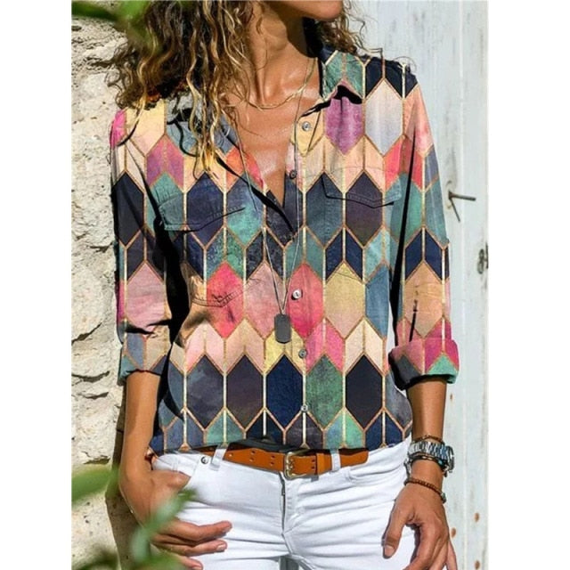 Casual Tops Plus Size Loose Harajuku Shirts Printed Pocket Long-sleeved Blouses Shirt