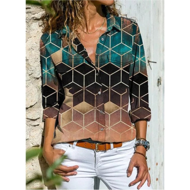 Casual Tops Plus Size Loose Harajuku Shirts Printed Pocket Long-sleeved Blouses Shirt