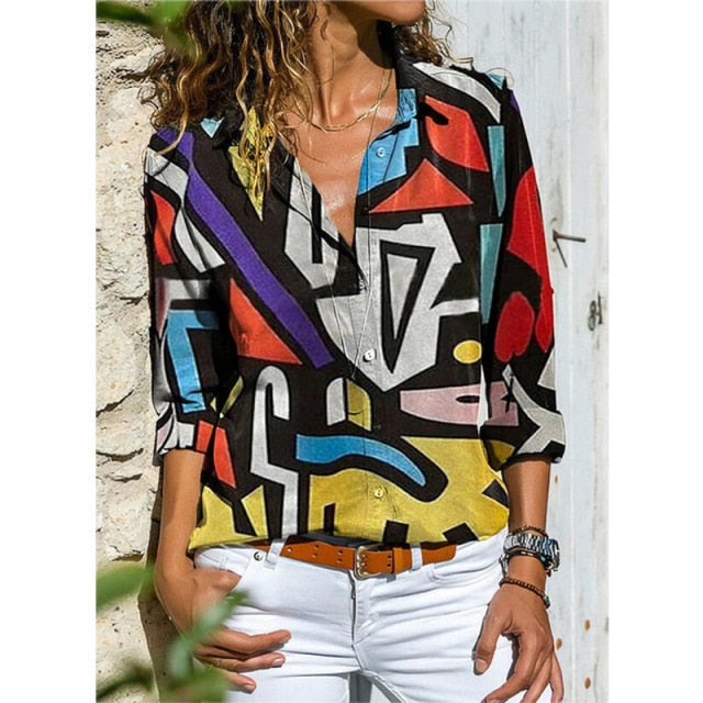 Casual Tops Plus Size Loose Harajuku Shirts Printed Pocket Long-sleeved Blouses Shirt