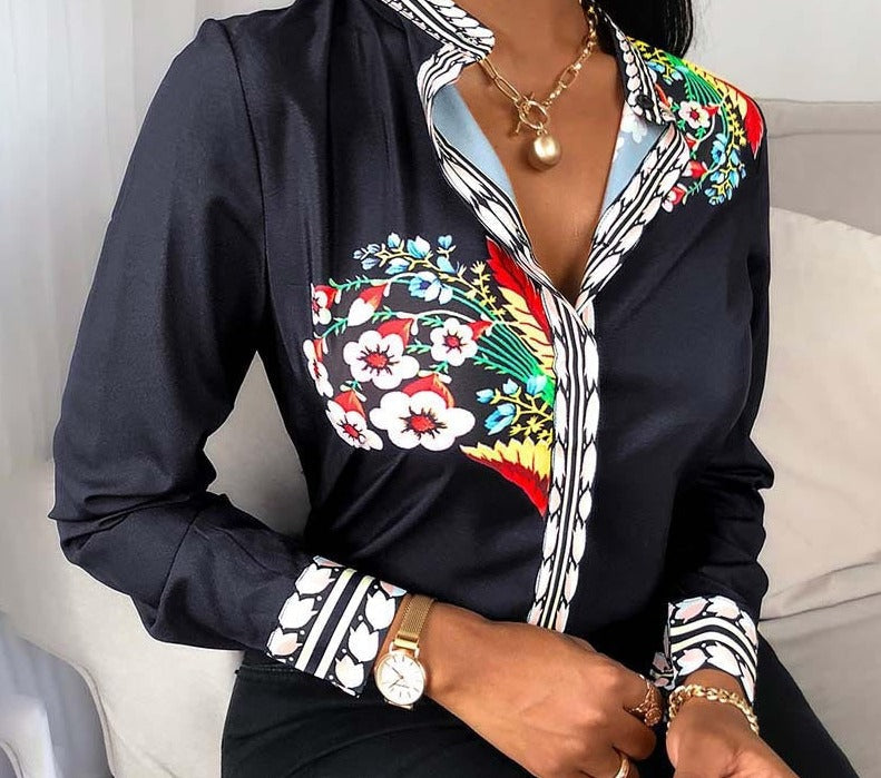 Button Flower Long Sleeve Shirt Top Fashion Personality Slim Slimming Digital Printing Stand-up Collar Clothes