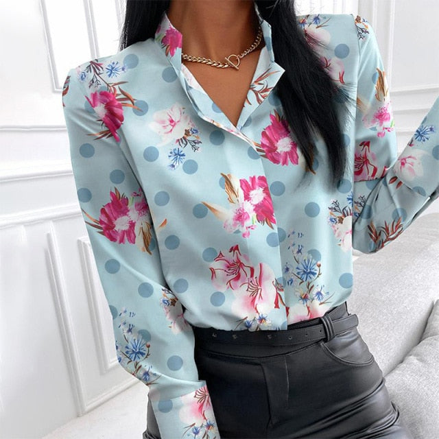 Button Flower Long Sleeve Shirt Top Fashion Personality Slim Slimming Digital Printing Stand-up Collar Clothes