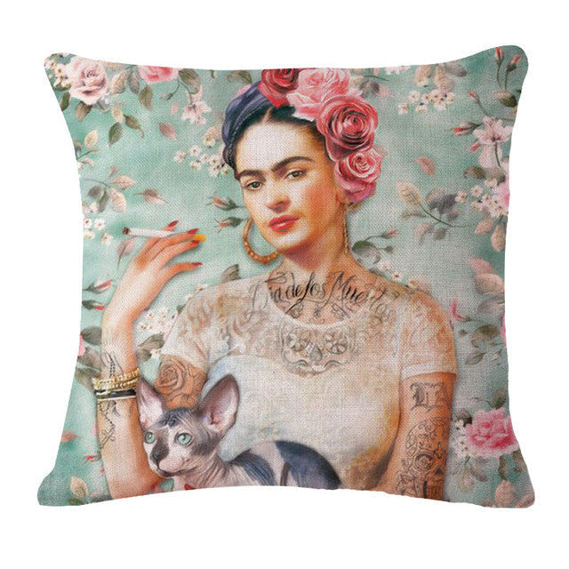 Square 18" Cushion Cover Frida Kahlo Colorful Flowers Pillowcase Woven Pillow Covers Polyester&Linen Home Decor Drop