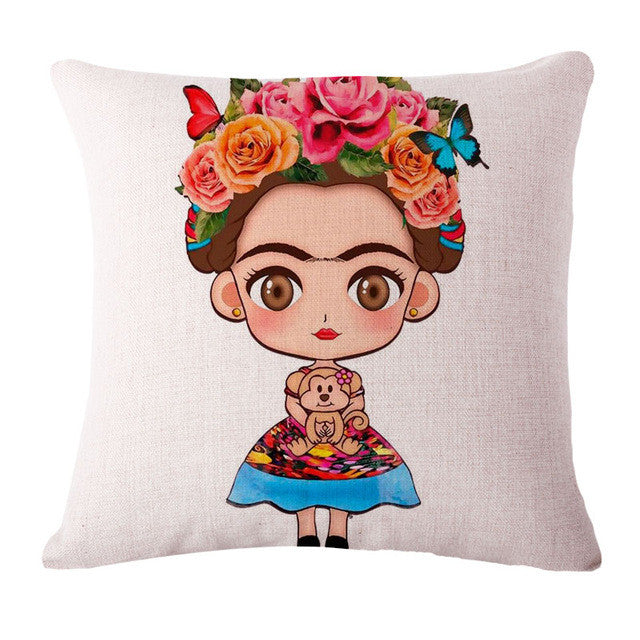 Square 18" Cushion Cover Frida Kahlo Colorful Flowers Pillowcase Woven Pillow Covers Polyester&Linen Home Decor Drop