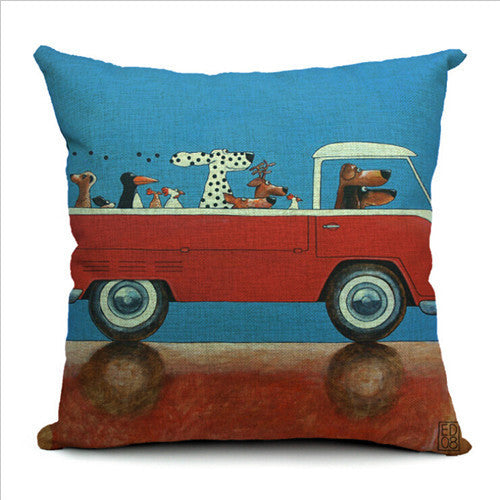 45X45CM Decorative Pillow Covers Lovely Cartoon Dog Driving Almofadas Linen Pillow Case Christmas Decorative Linen