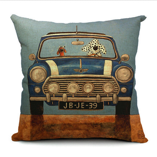 45X45CM Decorative Pillow Covers Lovely Cartoon Dog Driving Almofadas Linen Pillow Case Christmas Decorative Linen